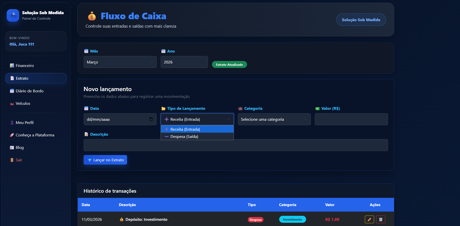 Fluxo de caixa e lançamentos financeiros